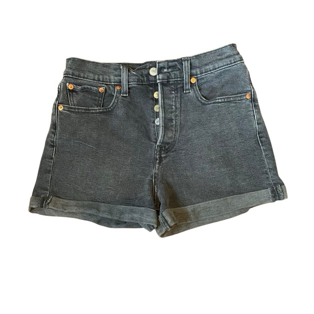 Levi's Black Denim Jean Shorts W Size 27 Button Fly Cuffed Leather Tag Stretch